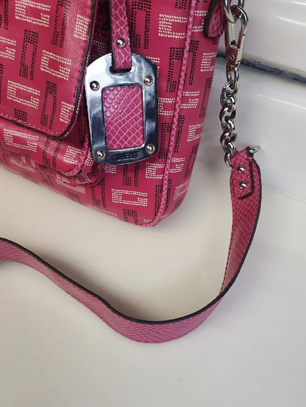 Guess Pink Logo-Print Satchel with Silver Hardware